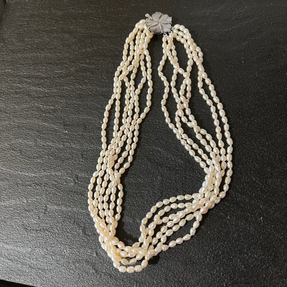 Vintage Multi Strand Freshwater Necklace Carved Mother of Pearl Flower Clasp